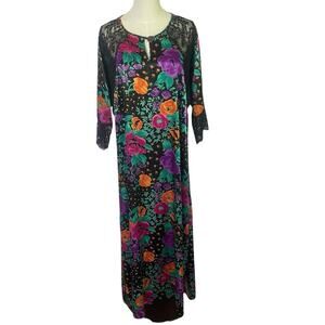 Vintage Scaasi Satin Floral Long Maxi Lace Nightgown Size M Union Made USA